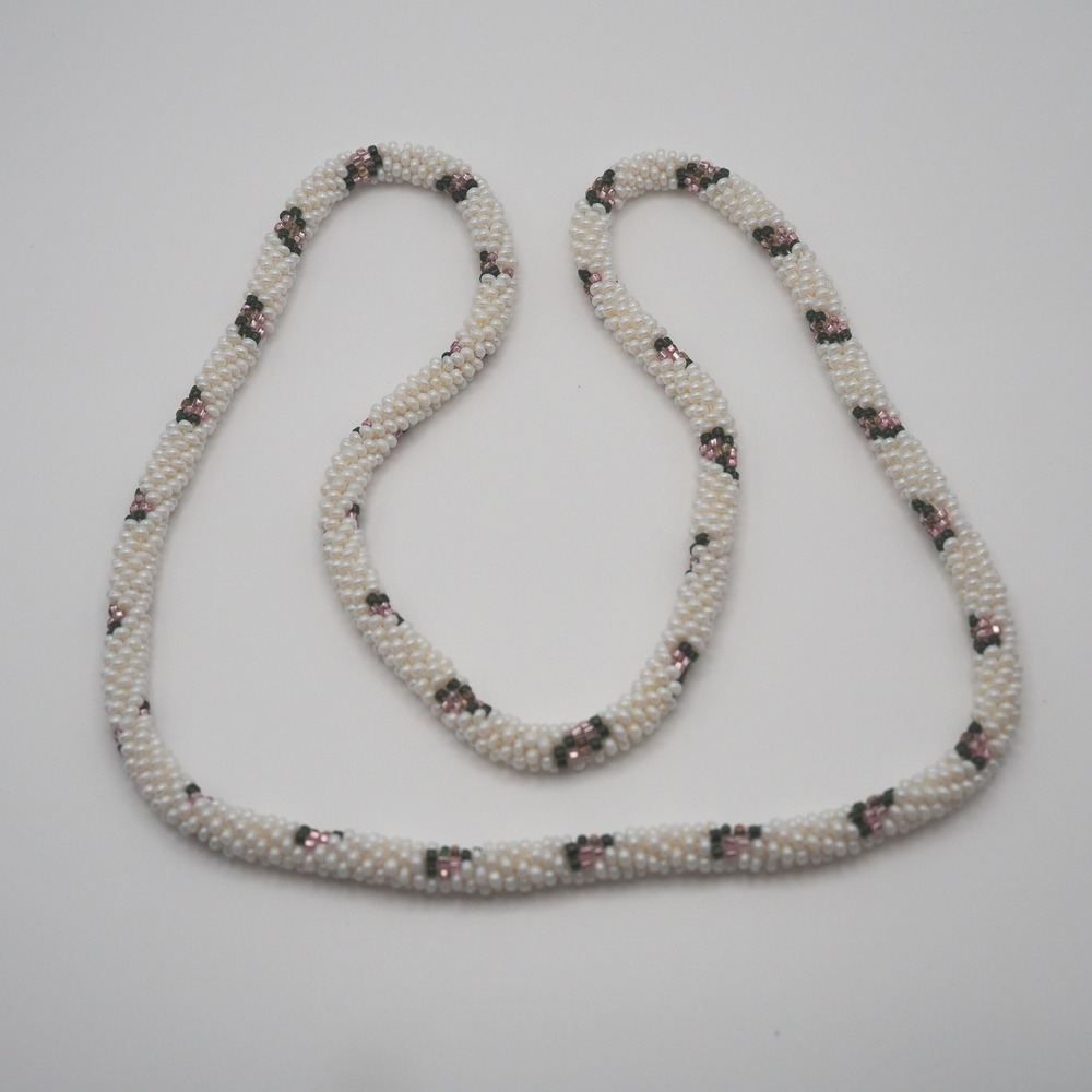 Vintage Necklace White Seed Bead Pink Green Floral Rope Strand Boho 30" Long